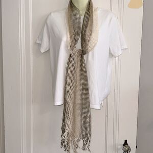 Vintage 70s/80s Open Crochet‎ Weave Brown, Tan & Cream Scarf with Fringe Hem